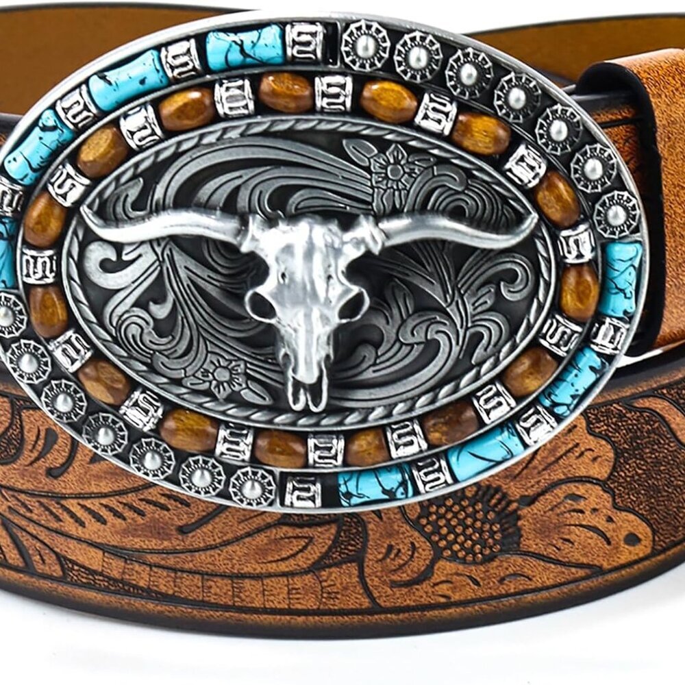 Western Cowboy Cowgirl Leather Belts - Women Men Turquoise Embossed Waist Belts
